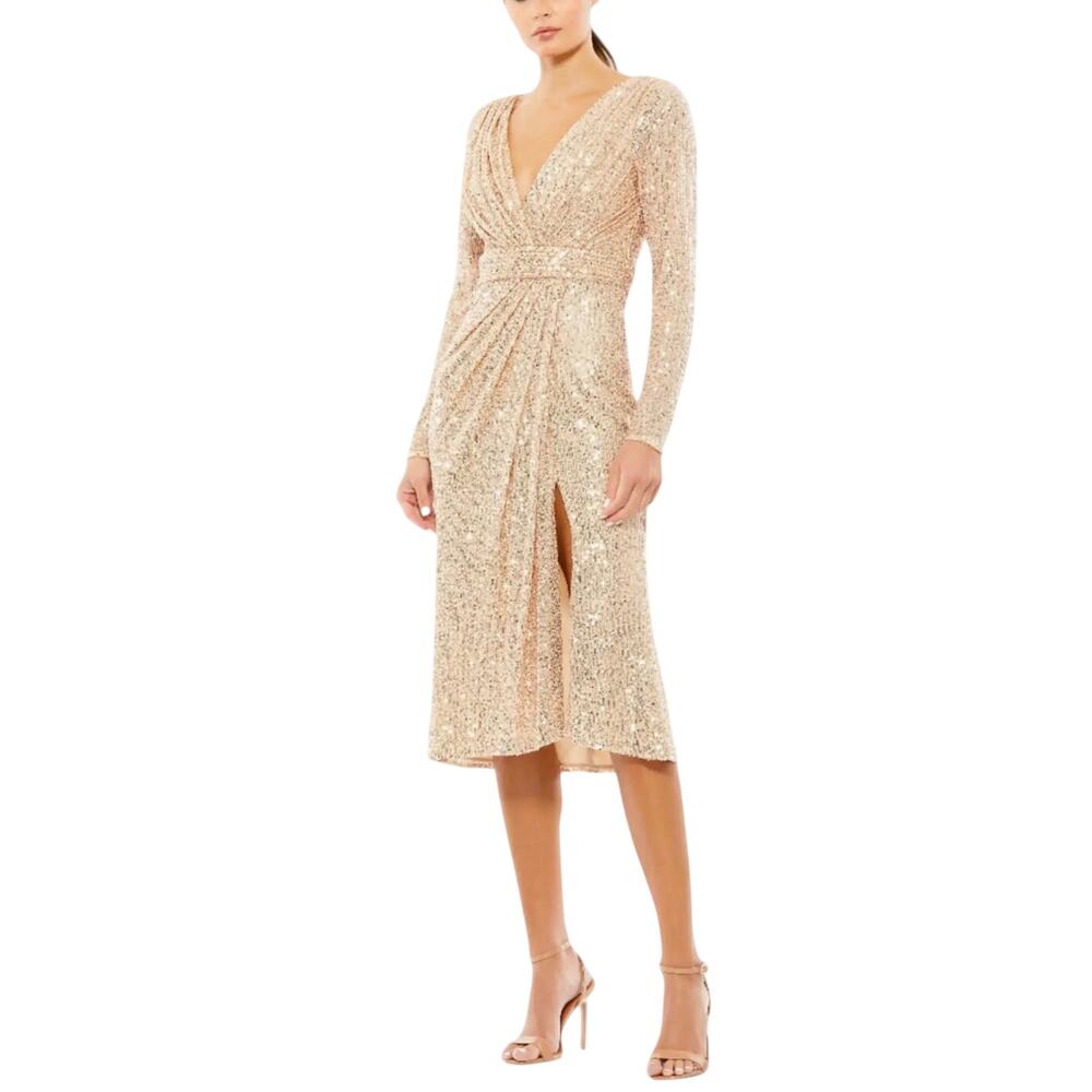 Mac Duggal 26555 Rose Gold Cocktail Dress Sequin Long Sleeve Midi Sheath Size 16